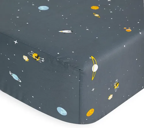 Vista 3 de Wake In Cloud - Sábanas espaciales para niños, 100% algodón, juego de sábanas de 4 piezas para niños, Galaxy Celestial Stars Rockets, Planets, ropa
