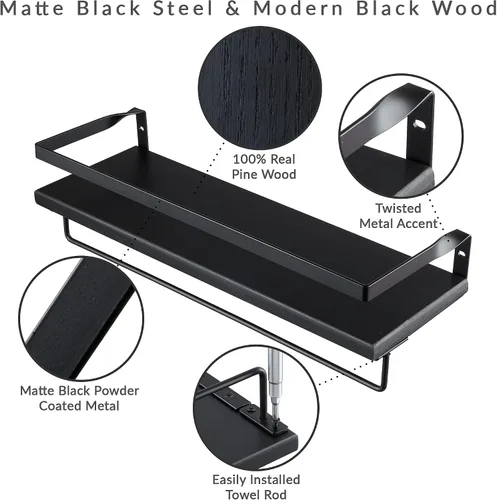 Vista 4 de Peter's Goods Estantes flotantes de pared con riel, grandes, color negro moderno, juego de 2 estantes con toallero - Estante de madera montado