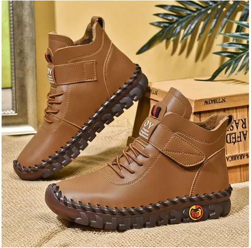 Vista 5 de Tenis planos de cuero para mujer con correa ajustable, mocasines ligeros de moda, con cordones, informales, cálidos, de plataforma, cómodos