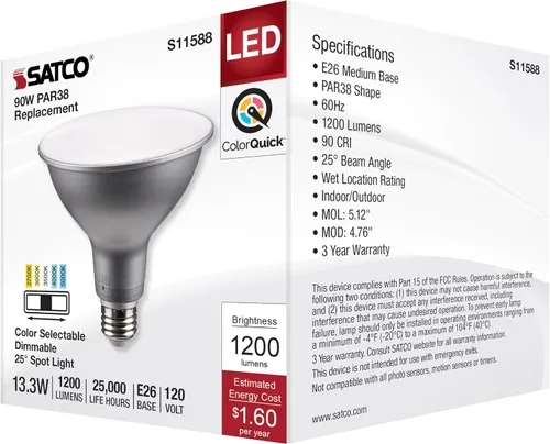 Vista 7 de Satco S11588; LED PAR38 de 13.3 vatios; base media; acabado plateado; CCT seleccionable; 120 voltios; ángulo de haz de 25 grados