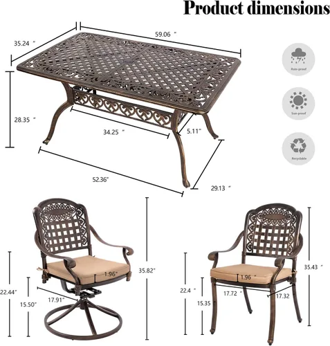 Vista 2 de TITIMO Juego de comedor de 7 piezas de aluminio fundido para patio, muebles de comedor al aire libre, juego de conversación de patio, mesa Silla
