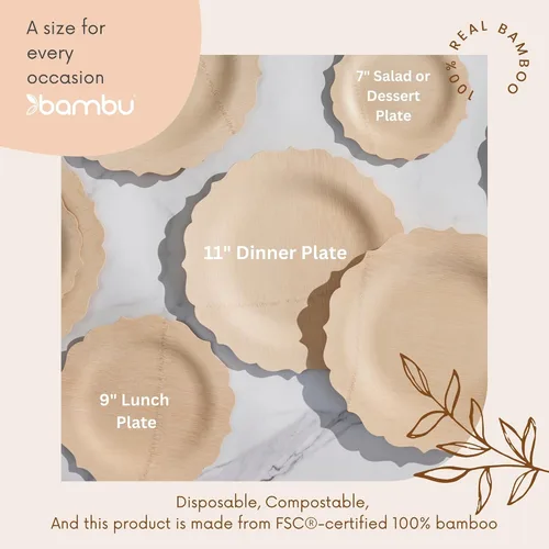 Vista 3 de Bambu Paquete de 8 platos desechables de bambú de 7 pulgadas elegantes, productos biodegradables ecológicos, platos desechables de bambú