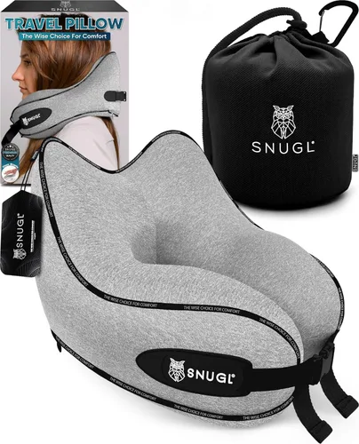 Vista 14 de SNUGL Almohada de viaje – Almohadas de espuma viscoelástica – Almohada para el cuello para avión con bolsa de transporte y clip – Almohadas de apoyo
