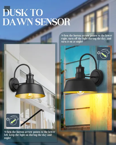 Vista 3 de Lámpara de pared exterior con sensor de movimiento, aplique de pared exterior de 10 pulgadas del atardecer al amanecer con enchufe de base E26