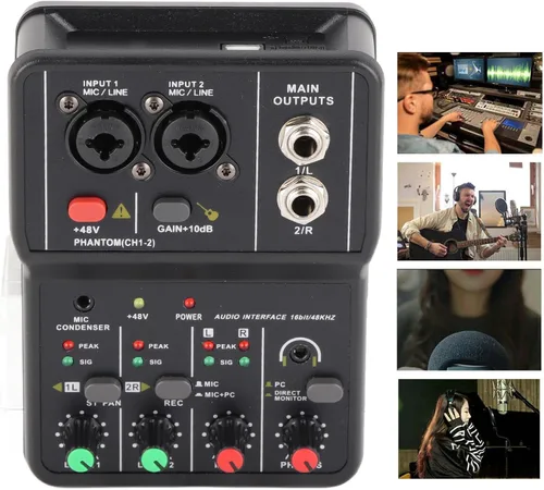 Vista 9 de Mezclador de audio, 2 canales, mezclador estéreo de audio USB 48 V, consola de mezcla de sonido compacta para grabación de música, karaoke en casa