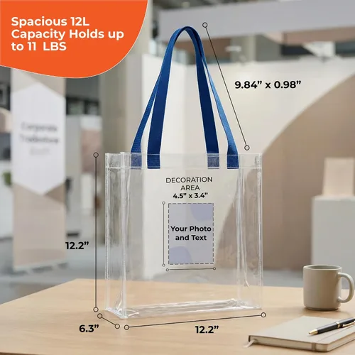 Vista 3 de Bolsas de mano personalizadas para estadios, transparentes personalizadas, diseño de TPU de 12.2 x 12.2 x 6.3 pulgadas con asas, ideal para eventos