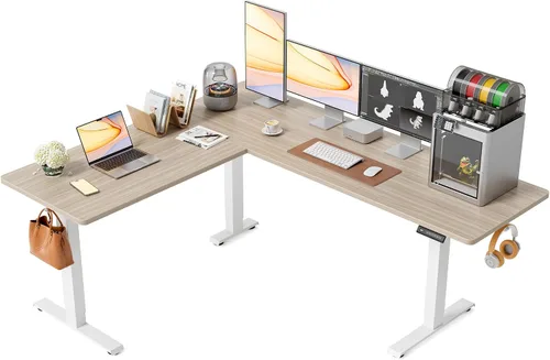 Vista 23 de FEZIBO - Escritorio de pie en forma de L de 63" x 55", altura ajustable, escritorio de computadora de esquina eléctrica de 63 pulgadas, escritorio