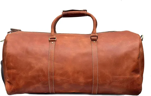 Vista 6 de 24 pulgadas cuero Duffel Bolsas para hombres y mujeres completo grano cuero viaje durante la noche fin de semana Bolsas de cuero deportes gimnasio