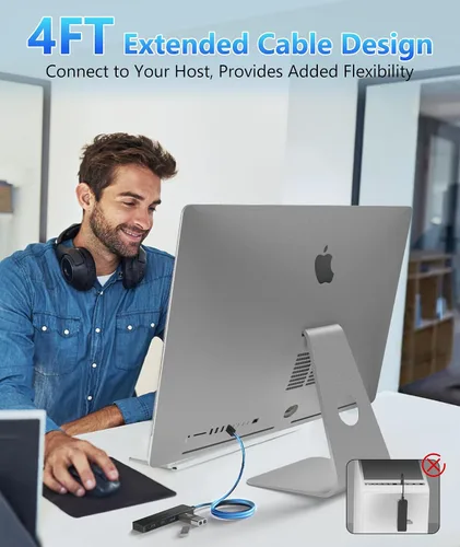 Vista 5 de Aceele Divisor USB Hub 3.0 con 2 USB-C y 2 USB-A, adaptador extensor multipuerto ultrafino de 4 puertos con cable de extensión de 4 pies de largo