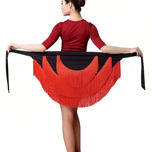 Vista 8 de Faldas de baile para mujer, diseño de baile latino, delantal, tango, borla y bufanda a la cadera Negro leopardo estampado