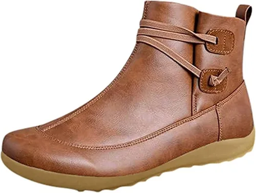Vista 5 de Botas para mujer, botines planos, cómodos, informales, elegantes, occidentales, elegantes, anchos, modernos, sin cierre