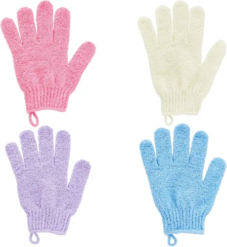 Vista 4 de 4 pares de guante exfoliante; exfoliante para cuerpo para Ducha y baño, guantes de esponja de lufa limpiadores en 4 colores variados para hombres