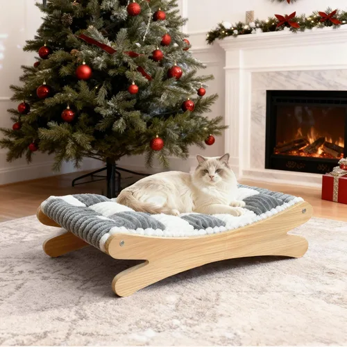 Vista 7 de Cama elevada de felpa para gatos, acogedora hamaca elevada para gatos con marco de madera maciza, cojín suave y peludo para gatos