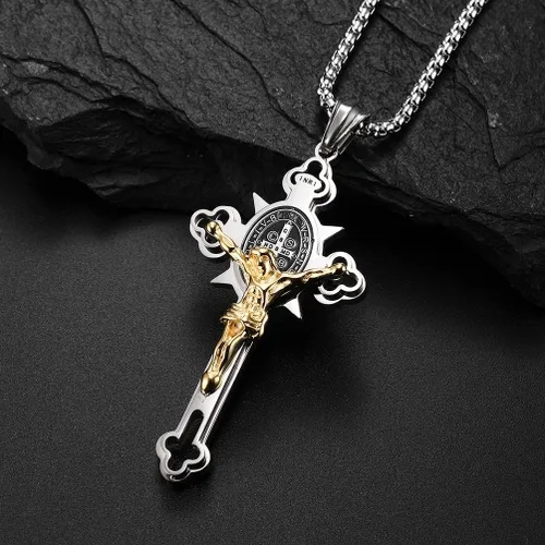 Vista 3 de Collar con colgante de cruz de oración del Señor de acero inoxidable con crucifijo de Jesucristo y versículo bíblico para hombresniñosmujeres