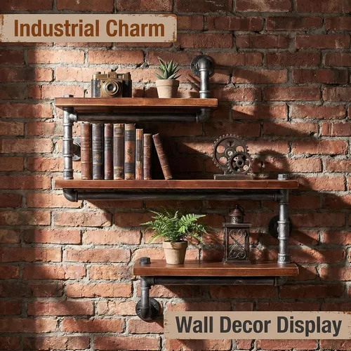 Vista 7 de Estantería de tubo industrial Pipe, madera moderna rústica, 3 estantes de pared de tubos escalonados, tubo de hierro forjado, estantería de diseño