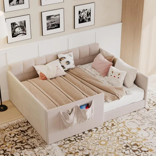 Vista 11 de RUNNA Full Size Daybed Velvet Upholstered Sofa Bed with High Side Panels and Side Entrance,Space-Saving Guest Bed with Storage Pockets (Beige#08)