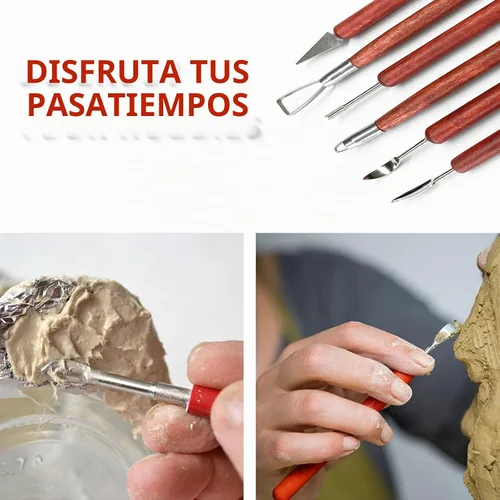 Vista 5 de Herramientas para esculpir arcilla, 6 herramientas de arcilla polimérica de acero inoxidable de doble extremo, herramientas de cerámica con mango