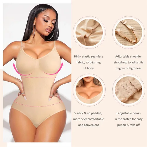 Vista 3 de BRABIC Body moldeador para mujer, bragas con control de abdomen, sin mangas, cuello en V, camisola