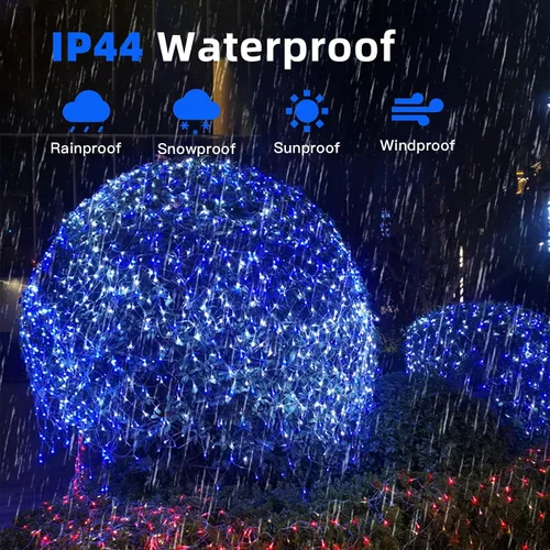 Vista 5 de Luces de cadena de malla de red impermeables, 200 burbujas de luz, 8 modos de iluminación, para interiores y exteriores, cortina, árbol de Navidad