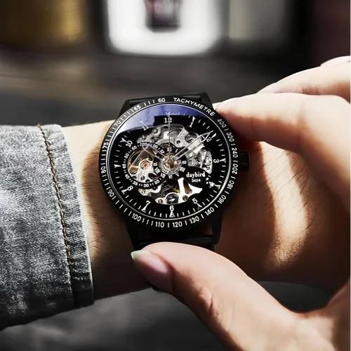 Vista 7 de Reloj mecánico automático de acero inoxidable de lujo Sapphire Fecha impermeable Fase lunar Reloj (negro), Mecánico