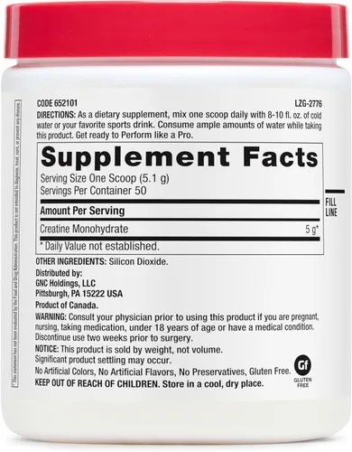 Vista 2 de GNC Pro Performance Polvo de Monohidrato de Creatina para Hombres y Mujeres, 5g de Creatina por Porción, Desarrollo Muscular, Producción de Energía