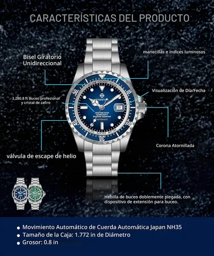 Vista 6 de ENRIVA 1000 Meter Men's Automatic Pro Dive Mens Watch Diving Watches Self-Wind Professional Diver Watches for Men Azul