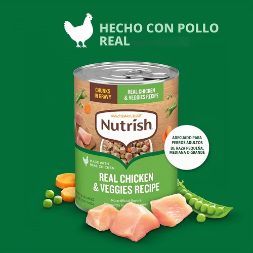 Vista 4 de Nutrish Rachael Ray Comida Húmeda para Perros Trozos en Salsa Receta de Pollo Real y Verduras, Lata de 13 oz., Paquete de 12