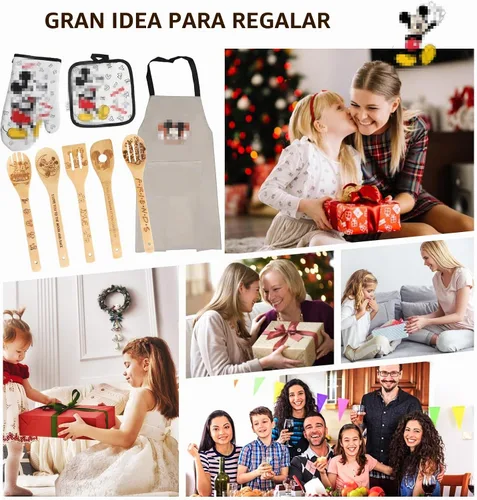 Vista 6 de Cuchara de madera para cocinar, cucharas de madera de dibujos animados, juego de utensilios de bambú para decoración de cocina, regalo
