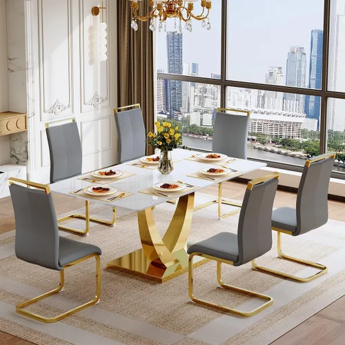 Vista 25 de Juego de mesa de comedor para 4, mesa de comedor de mármol sintético de 63 pulgadas con patas y base de acero inoxidable, sillas acolchadas