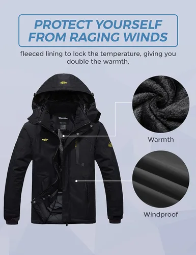 Vista 4 de Wantdo - Chaqueta de esquí impermeable con capucha, cálida, resistente al viento, la lluvia y el invierno, para hombre
