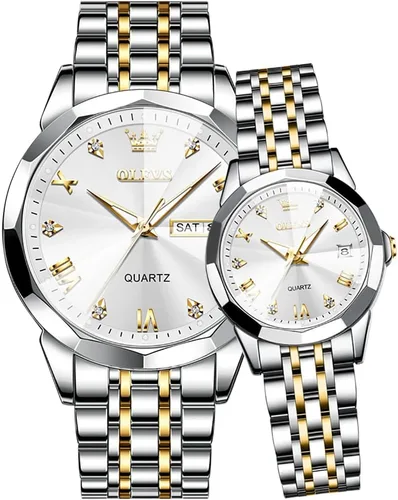 Vista 7 de OLEVS Reloj para parejas para él y ella, reloj analógico de cuarzo para hombres y mujeres, de acero inoxidable, impermeable, luminoso, fecha, reloj