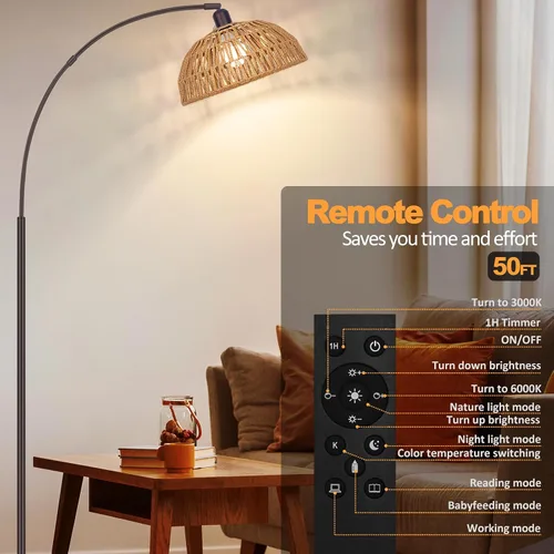 Vista 2 de Brilvibera Lámpara de Pie Boho con Control Remoto - Lámparas Altas de Arco, Lámparas de Pie de Bronce con Bombilla Regulable sin Escalones