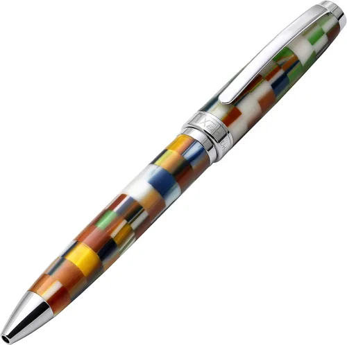 Vista 2 de Xezo Urbanite II Twist Action - Bolígrafo de punta media. Acrílico a cuadros multicolor Jazzy sobre latón. Cromado. Hecho a mano, edición limitada