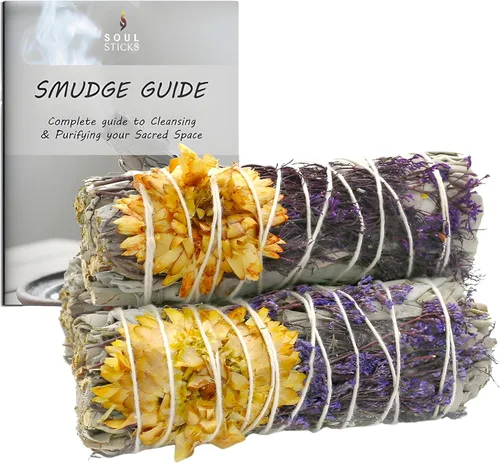 Vista 9 de SOUL STICKS Paquete de 3 barras de salvia blanca floral con flores para limpiar el hogar, meditación, yoga, curación y manchas, California de origen