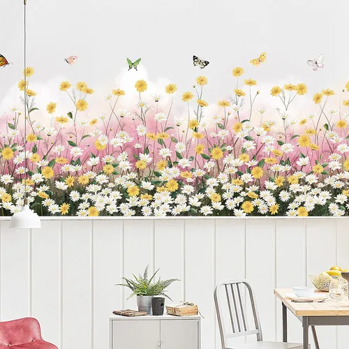 Vista 5 de Calcomanías de pared de flores de margarita, calcomanías de pared extraíbles de mariposa para despegar y pegar, calcomanías de pared florales