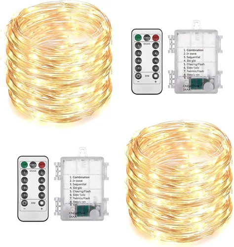 Vista 11 de Paquete de 2 Total 200 Luces LED de Hadas Luces de Cadena Operadas con Batería con Control Remoto y 8 Modos, 33 Pies Cable de Cobre Impermeable