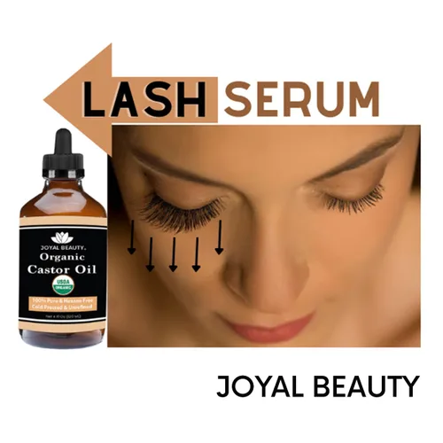 Vista 2 de JOYAL BEAUTY Aceite de ricino orgánico certificado por USDA (4 onzas). Botella de vidrio 100% puro prensado en frío sin hexano sin refinar. Pestañas