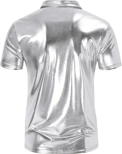 Vista 3 de TURETRENDY Camisa de discoteca de los años 70 para hombre, con lentejuelas brillantes, manga corta, para fiesta, polo hipster, discoteca, baile