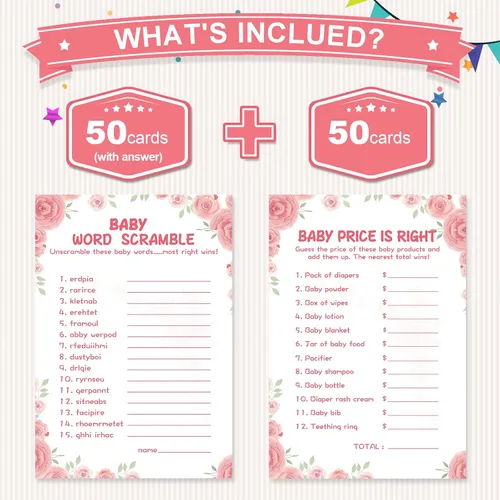 Vista 2 de OLOUTAB Juegos de Baby Shower para Niña - 2 Juegos (50 de Cada), Juego de Baby Shower Word Scramble y Price is Right, Doble Cara, Cartón Grueso