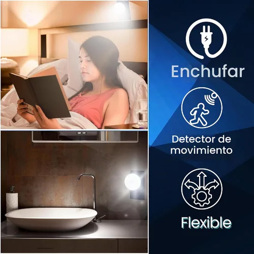 Vista 5 de Luz de sensor de noche brillante LED Sensor de movimiento y luz Toma de corriente alterna enchufable cuello flexible giratorio PIR lámpara