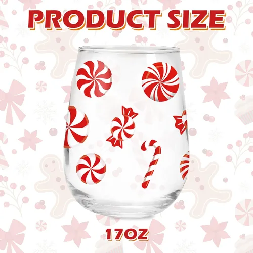 Vista 2 de Whaline 2 copas de vino sin tallo de Navidad de 17 onzas con tema de caramelo de Navidad, vasos de bastón de caramelo, vasos para suministros