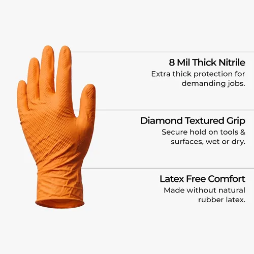 Vista 4 de First Glove 8 Mil Heavy Duty Nitrile Gloves - Diamond Grip - Disposable Gloves for Mechanic, Automotive & Industrial Work
