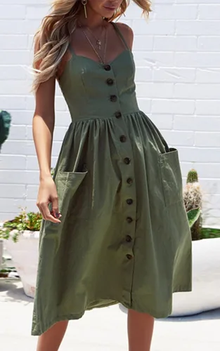 Vista 9 de Angashion - Vestido floral de verano estilo bohemio para mujer, con botones, bolsillos y tiras ajustables