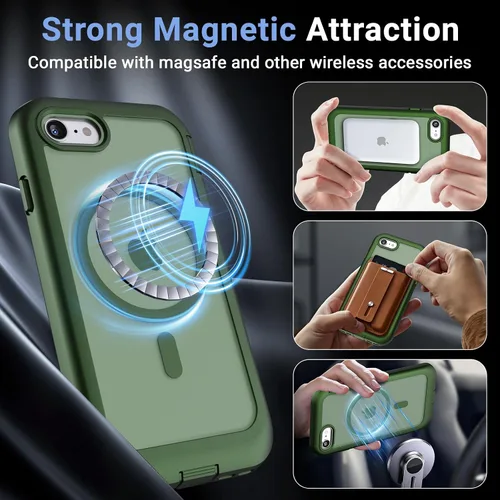 Vista 4 de Magnetic for iPhone SE 3rd&2nd Case with Screen Protector-Army Green