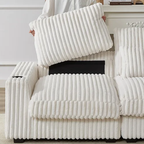 Vista 6 de Sofá cama modular de pana de 126 pulgadas de gran tamaño con portavasos, sofá cama convertible de 4 plazas con puerto de carga USB y cojines de Beige
