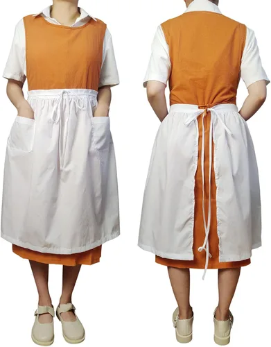 Vista 4 de Delantales unisex de chef blancos retro de algodón de 2 bolsillos, cintura camarera y camarera, Blanco