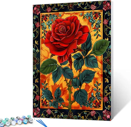 Vista 15 de Pintura de bricolaje por números Flores rosadas - Kit de pintura para adultos estilo vintage sobre lienzo