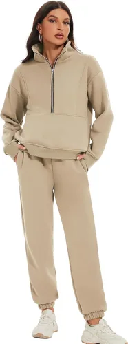 Vista 2 de COZYPOIN Conjunto deportivo de 2 piezas para mujer, sudadera de forro polar con cremallera media y pantalones de chándal de forro polar