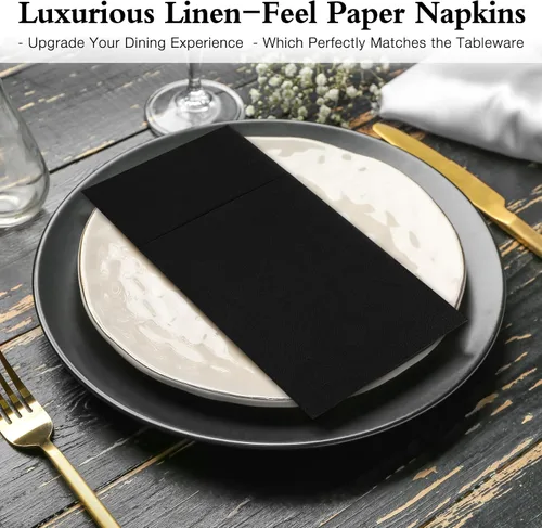 Vista 7 de Servilletas negras desechables con sensación de lino con bolsillo integrado para cubiertos, preplegadas para cuchillos y tenedores, servilletas