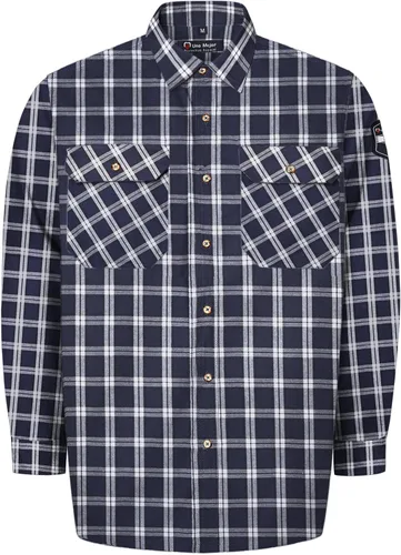 Vista 11 de Camisas FR grises para hombre, sarga de algodón de 7.5 onzas, manga larga, ajuste regular, cuello de punto, cuello Henley, 2 bolsillos de parche